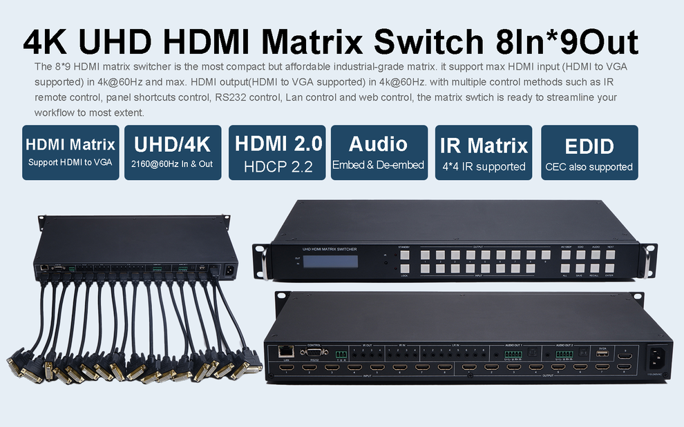 Uhdlink 8*9 HDMI Matrix Switch, Industrial-Grade HDMI Matrix 4K@60Hz IN/OUT AGP-UHD-8*9